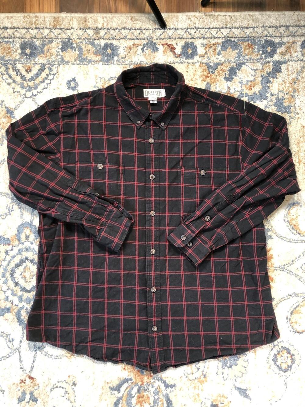 Duluth Trading Co Shirt Mens 2XL Black Plaid Flannel Long Sleeve Button Up